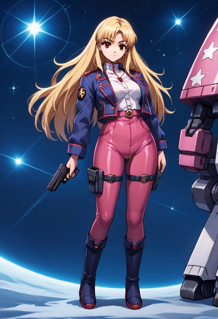 score_9, score_8_up, score_7_up,1girl, solo, red eye, cel shade adult animation,( pilote outfit inspired by : gundam, star blazer 2199 space battleship yamato,) score_9, score_8_up, score_7_up, source_anime, source_ kei yuki,source_ Space Pirate Captain Harlock; an anime style drawing of a woman with long hair and pink space pirate bodysuit, blonde hair, 1girl, long hair, retro artstyle, holster, boots, hoding, gun, space colony background, ilya kuvshinov, official art, futuristic background, colony drop background, space war background, mecha in background, fantasy background, uncensored,<lora:add-detail-xl:1>,<lora:Expressive_H-000001:0.8>