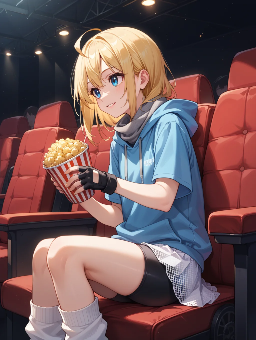 score_9, score_8_up, score_7_up,source_anime,
official art, high detail, 8k, movie theater, chair, dark room, screen light, sitting, leaning forward, holding popcorn, light smile, looking away, parted lips, ange, grey scarf, blue hoodie, hood down, short_sleeves, drawstring, fishnets, fingerless gloves, bike shorts, white leg warmers, star \(symbol\), flare skirt