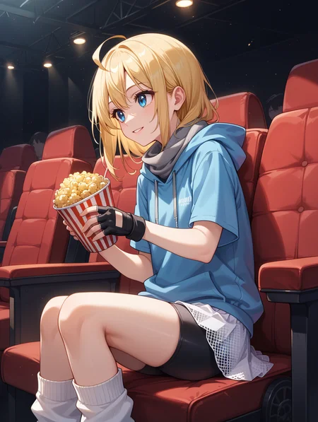 score_9, score_8_up, score_7_up,source_anime,
official art, high detail, 8k, movie theater, chair, dark room, screen light, sitting, leaning forward, holding popcorn, light smile, looking away, parted lips, ange, grey scarf, blue hoodie, hood down, short_sleeves, drawstring, fishnets, fingerless gloves, bike shorts, white leg warmers, star \(symbol\), flare skirt
