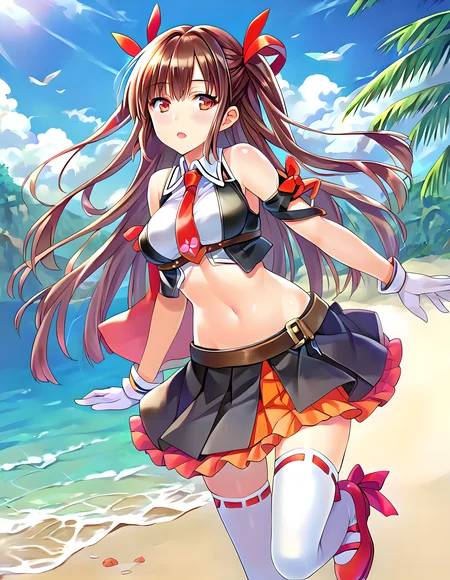<lora:pony_xl_yuzuriha:0.8>,yuzuriha,score_9,score_8_up,score_7_up,source_anime,1girl,bare shoulders,black vest,midriff,white sleeveless shirt,necktie,navel,white gloves,belt,black pleated skirt,red frill,white thighhighs,;d,one foot standing,knees_together_feet_apart,cowboy_shot,in summer,on the beach,