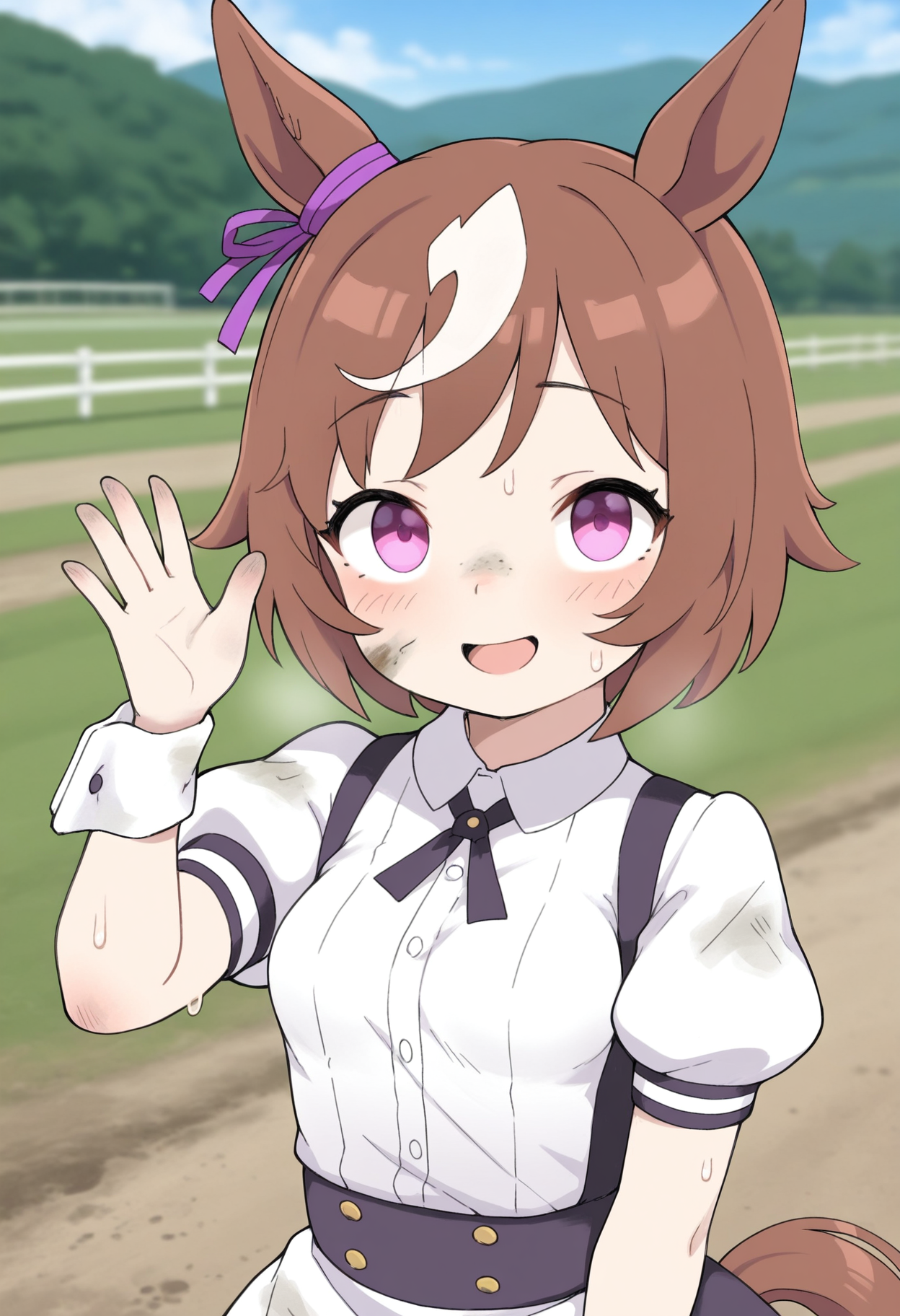masterpiece,best quality,amazing quality,
1girl, solo, horse ears, animal ears, brown hair, dirty, tail, horse girl, horse tail, short sleeves, looking at viewer, short hair, open mouth, dirty face, smile, blurry, puffy sleeves, upper body, pink eyes, blurry background, puffy short sleeves, dirty clothes, hand up, sweat, purple eyes, shirt, breasts, wrist cuffs, bangs,
 <lora:Qtkat:1>