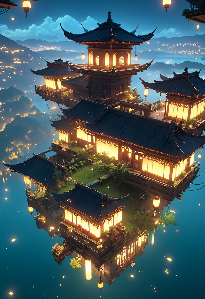 outdoors, The island floating in the air, machine, 
fairy, bulding night, , (low light), top-down view, firefly -ar 9:16