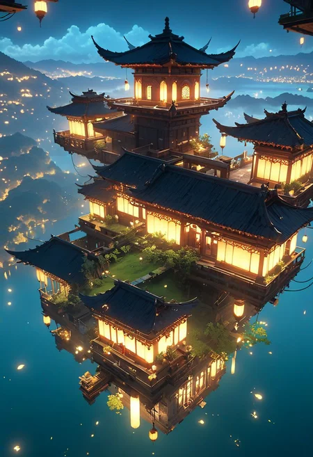 outdoors, The island floating in the air, machine,
fairy, bulding night, , (low light), top-down view, firefly -ar 9:16