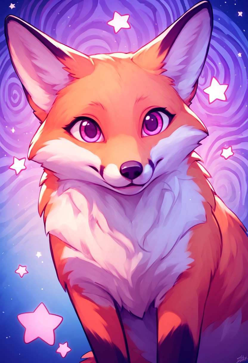score_9, score_8_up, score_7_up,  BREAK fox, f0x, feral, cute, spiral rainbow swirl background, pink stars, purple blue gradient