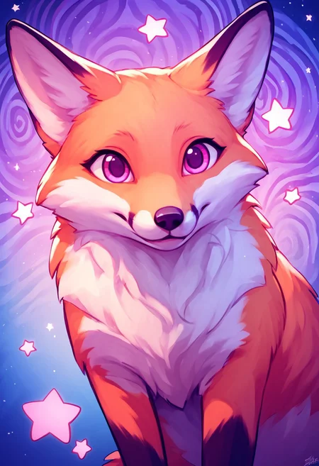 score_9, score_8_up, score_7_up, BREAK fox, f0x, feral, cute, spiral rainbow swirl background, pink stars, purple blue gradient