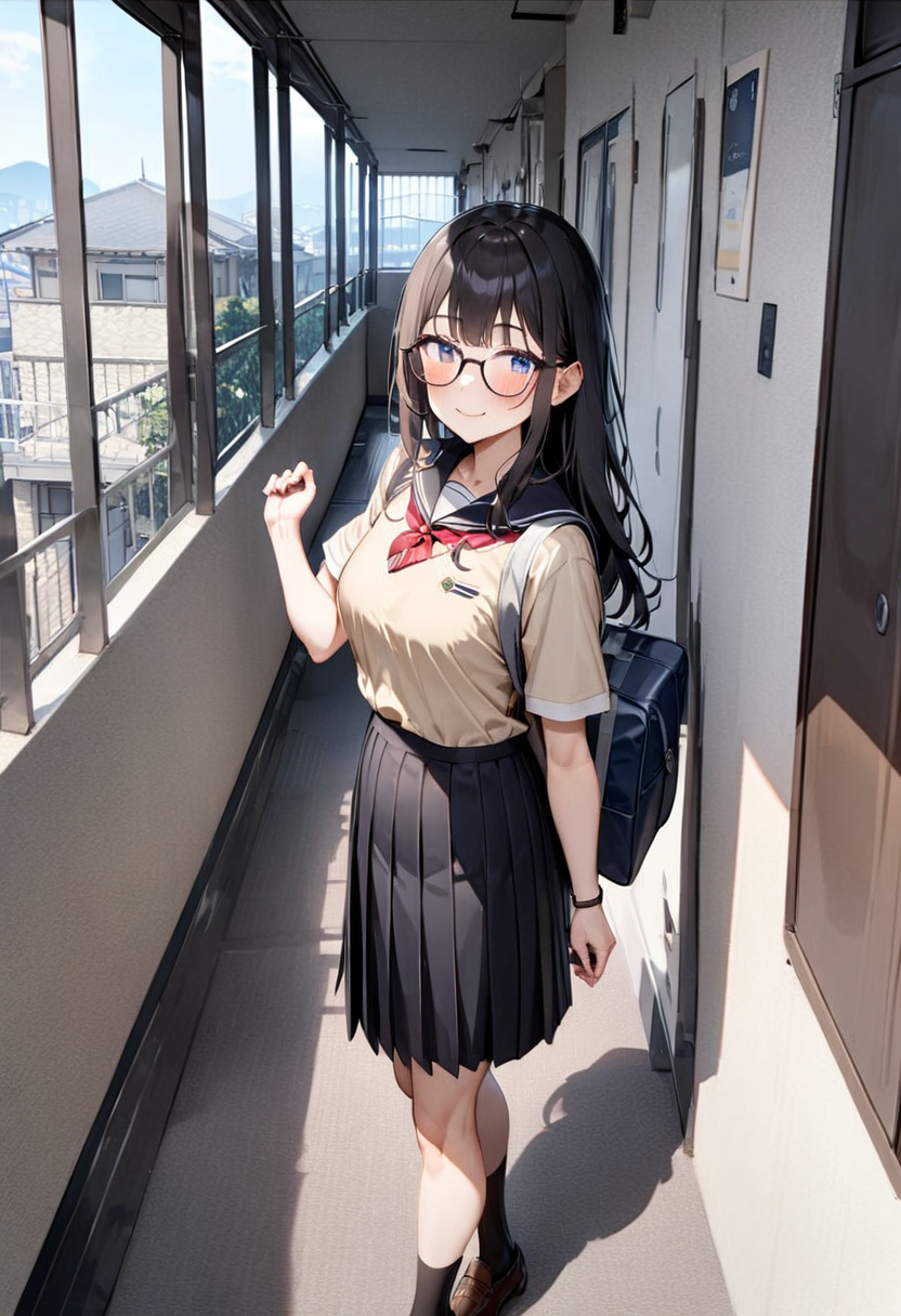 masterpiece, best quality, very aesthetic, absurdres,
1girl, glasses, black hair, long hair, school uniform, school bag, smile, blush, solo focus, standing, looking at viewer, 
rouka, hallway, scenery, window, building, day, sky, door, outdoors, blue sky, cityscape, city, real world location, 
 <lora:JProuka_apartment_hallway_SDXL_V1:1>