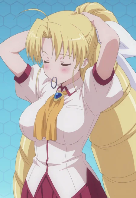 anime screencap, anime coloring, <lora:DX888Sernia:1> sernia iori flameheart, blue eyes, blonde hair,very long hair, twin drills BREAK simple background, blue background, (honeycomb background:1.2), BREAK hair ribbon, ascot, brooch, school uniform, white shirt, puffy sleeves, short sleeves, red skirt, BREAK 1girl, arms up, closed eyes, closed mouth, blush, , hand in own hair, solo, tying hair, upper body, hair tie in mouth