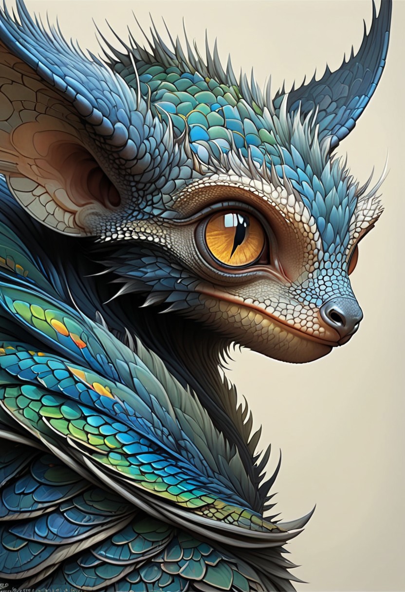 Produce a visually striking, masterpiece of wildlife portrait_futurism of a hybrid creature, combining the vibrant, intricate scales of a colorful Dragon Fire, Blue scales with the endearing features of a cute chibi aye-aye. The hybrid creature's skin boasts a kaleidoscope of rich, iridescent hues, ranging from deep emerald greens to shimmering sapphire blues, creating a mesmerizing display of color and texture. Its eyes, large and expressive like those of an aye-aye, exude a sense of innocence and curiosity, framed by long, fluffy lashes that add a touch of whimsy to the creature's appearance. The creature's slender fingers, tipped with delicate claws, exhibit a surprising dexterity and grace, while its tail, adorned with intricate patterns reminiscent of exotic reptilian scales, coils elegantly around its body. The vivid contrast between the lizard's reptilian features and the aye-aye's endearing characteristics results in a captivating, one-of-a-kind creature that effortlessly blends beauty and charm.