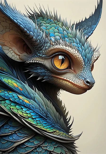 Produce a visually striking, masterpiece of wildlife portrait_futurism of a hybrid creature, combining the vibrant, intricate scales of a colorful Dragon Fire, Blue scales with the endearing features of a cute chibi aye-aye. The hybrid creature's skin boasts a kaleidoscope of rich, iridescent hues, ranging from deep emerald greens to shimmering sapphire blues, creating a mesmerizing display of color and texture. Its eyes, large and expressive like those of an aye-aye, exude a sense of innocence and curiosity, framed by long, fluffy lashes that add a touch of whimsy to the creature's appearance. The creature's slender fingers, tipped with delicate claws, exhibit a surprising dexterity and grace, while its tail, adorned with intricate patterns reminiscent of exotic reptilian scales, coils elegantly around its body. The vivid contrast between the lizard's reptilian features and the aye-aye's endearing characteristics results in a captivating, one-of-a-kind creature that effortlessly blends beauty and charm.