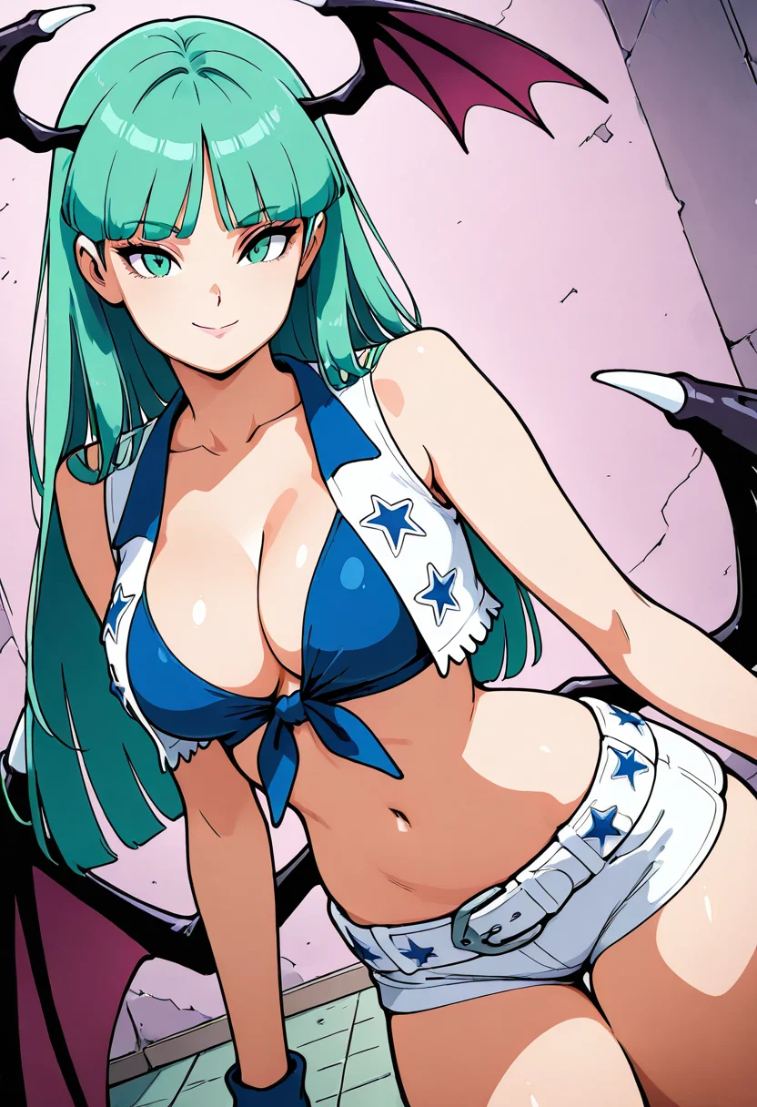 masterpiece, best quality, solo, curvy, beautiful eyes, narrow waist, wide hips, 1girl, solo, smile, looking at viewer, dynamic angle, foreshortening, close up,     zzMorrigan, green eyes, green hair, long hair, blunt bangs, head wings,  bat wings, low wings,  ,<lora:MorriganAenslandCSV_IXL_v1:0.8>,  [Pep Rally Rebel], DalCowCheer, navel, midriff, belt, blue tied shirt, vest, white shorts, short shorts, skindentation,  <lora:DallasCowboysCheerleaders_IXL_v2:1.0>,  Strutting across an indoor gym floor, midriff bared and navel catching the light, attitude turned all the way up, head held high as music pulses in the background.