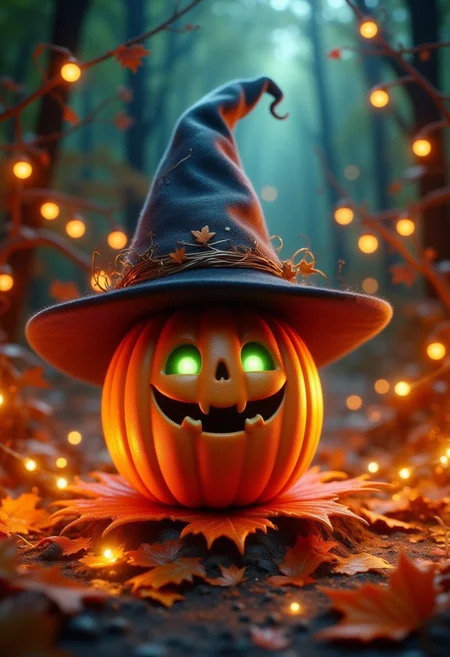 pinkchibihalloween,A small spooky pumpkin wearing a wizard hat, sitting on a soft orange leaf and surrounded by glittering fairy lights. Halloween festival on a farm. It has sharp teeth and glowing green eyes. Mysterious and magical atmosphere. Halloween
