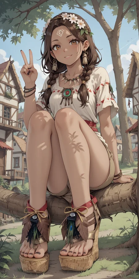 score_9, score_8_up, score_7_up, score_6_up, source_anime,
1girl,
brown hair,
dark skin,
tribal,
sitting in tree, sitting on tree branch, legs dangling,
feet, toes, black toenail polish,
(b0h0 heels), platform footwear,
(forest:0.9), town, village,
looking at viewer, v,
hippie tunic, frayed brown shorts,
embedding:zPDXLrl ,
embedding:zPDXL2 ,