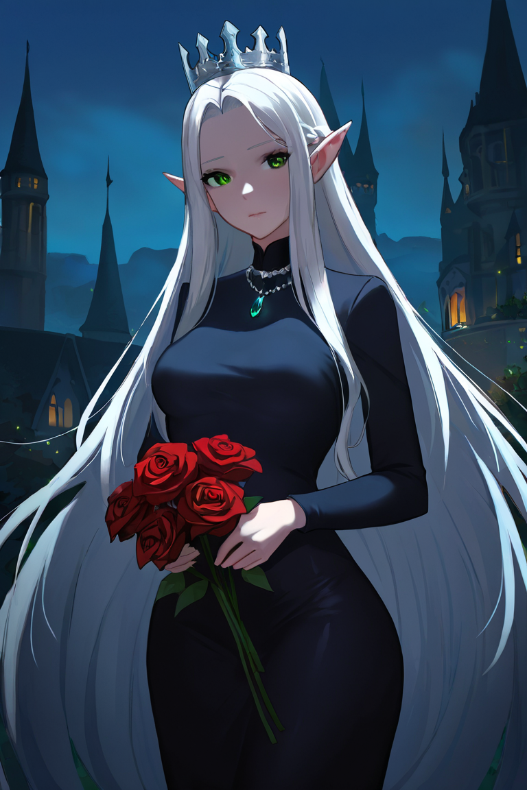 masterpiece, best quality, highres, newest, low light, dark, 1girl, solo, mature female, elf, pointy ears, breasts, long hair, very long hair, white hair, green eyes, portrait, looking at viewer, medium breasts, high collar, long dress, black dress, crown, silver crown, holding, holding flower, rose, red rose, necklace, jewelry, closed mouth, cowboy shot, standing, outdoors, castle <lora:Smooth Anime - Night [LoRA] - NoobAI-XL EPS 1.0:1>