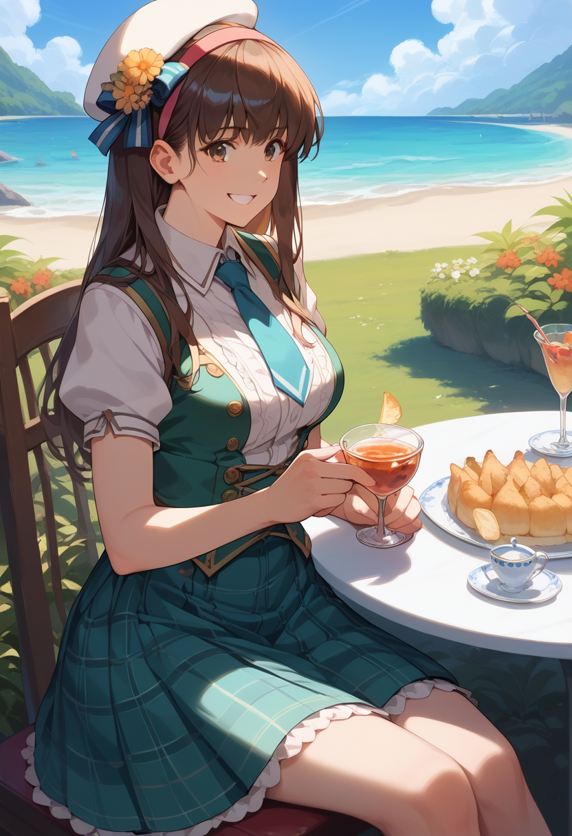 score_9, score_8_up, score_7_up, best quality, masterpiece, source_anime, anime screenshot, zPDXL2, BREAK 1girl , long hair ,hairband , brown hair, <lora:hitomidoa:1>, hat, necktie, plaid skirt, hitomi, hitomiidol,, Sitting, pretending to hold a teddy bear's tea party, smile happy,