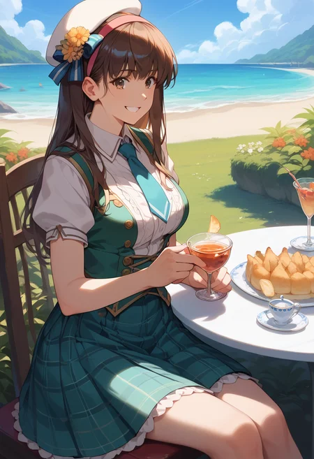 score_9, score_8_up, score_7_up, best quality, masterpiece, source_anime, anime screenshot, zPDXL2, BREAK 1girl , long hair ,hairband , brown hair, <lora:hitomidoa:1>, hat, necktie, plaid skirt, hitomi, hitomiidol,, Sitting, pretending to hold a teddy bear's tea party, smile happy,