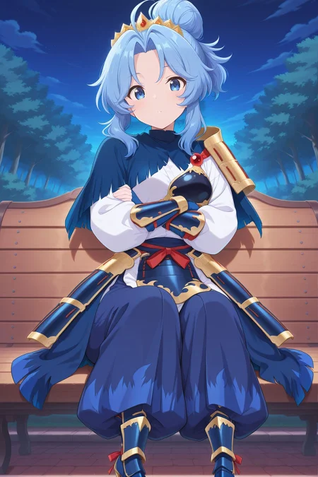 absurdres, highres, masterpiece, best quality, amazing quality, official anime artwork, screencap, anime screencap, outdoors, looking at viewer, 
 <lora:Ichirin-Kumoi_Illustrious:1> kumoi ichirin, 1girl, solo, blue eyes, blue hair, long hair, hair bun,, alternate costume, alternate hairstyle, gold tiara, armor, white short, puffy long sleeves, blue cape, torn cape, blue pants, hakama pants, baggy pants, blue gloves, fingerless gloves, gold trim, armored boots, blue boots, high heel boots, japanese armor, muneate, vambraces, faulds, 
sitting, night, bench, crossed arms,