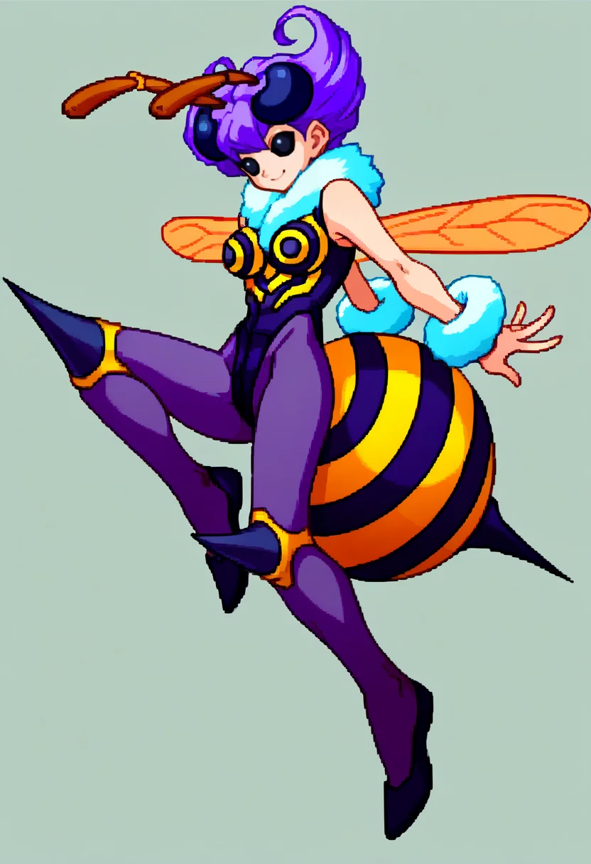 score_9, score_8_up, score_7_up, source_anime, BREAK, solo, 1girl, smile, looking at viewer, <lora:Arcana-Heart-Sprites-pdxl_Fp:1>, simple background, full body, floating, <lora:Qbee-pdxl_Fp:1>, qbee, arthropod girl, antennae, short hair, purple hair, black eyes, insect wings, leotard, purple pantyhose, fur collar, fur cuffs