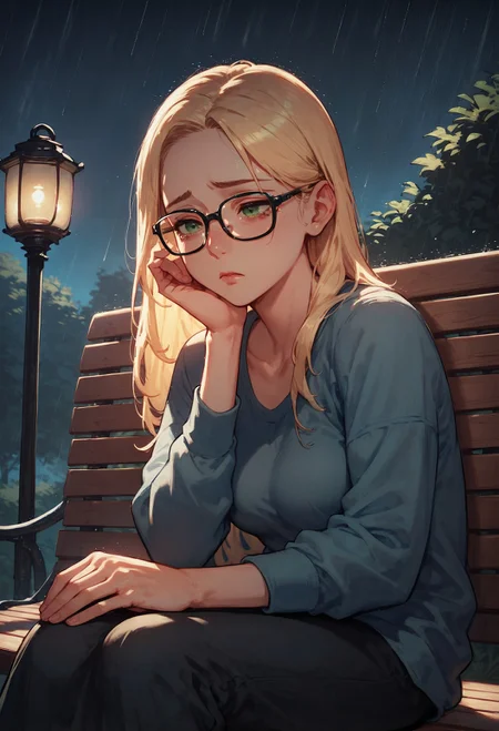 score_9, score_8_up, score_7_up, 1girl, sitting on a bench in a park at night, dusk, lantern light, sad, raining, head resting on hands, blonde hair, long hair, nerdy glasses, green eyes <lora:sdxl\Smooth Anime Style LoRA XL:0.8> <lora:sdxl\Expressive_H-000001:0.3>, expressiveH <lora:sdxl\sinfully_stylish_SDXL>