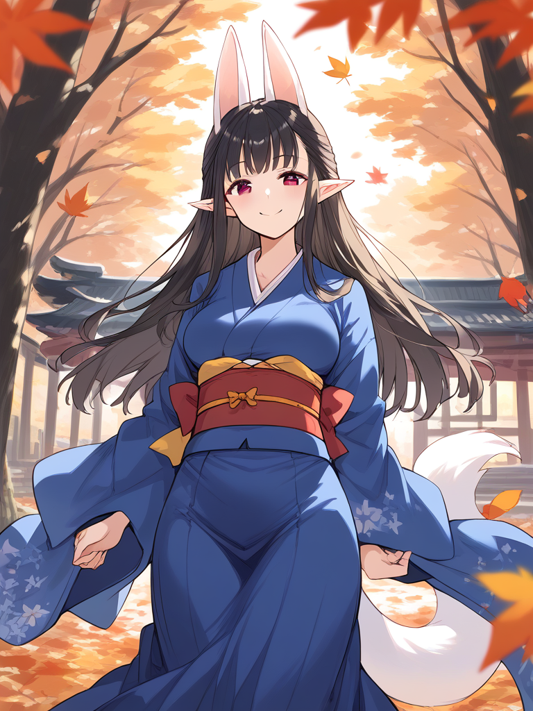 score_9, score_8_up, score_7_up, source_anime, rating_explicit, BREAK  <lora:Hasaha_XL:1> Hasaha, animal ears, black hair, brown eyes, pointy ears, long hair, white tail, breasts,
japanese clothes, blue kimono, blue long skirt, sash, obi, fallen leaves, autumn, day, 
smile,  looking at viewer, cowboy_Shot,