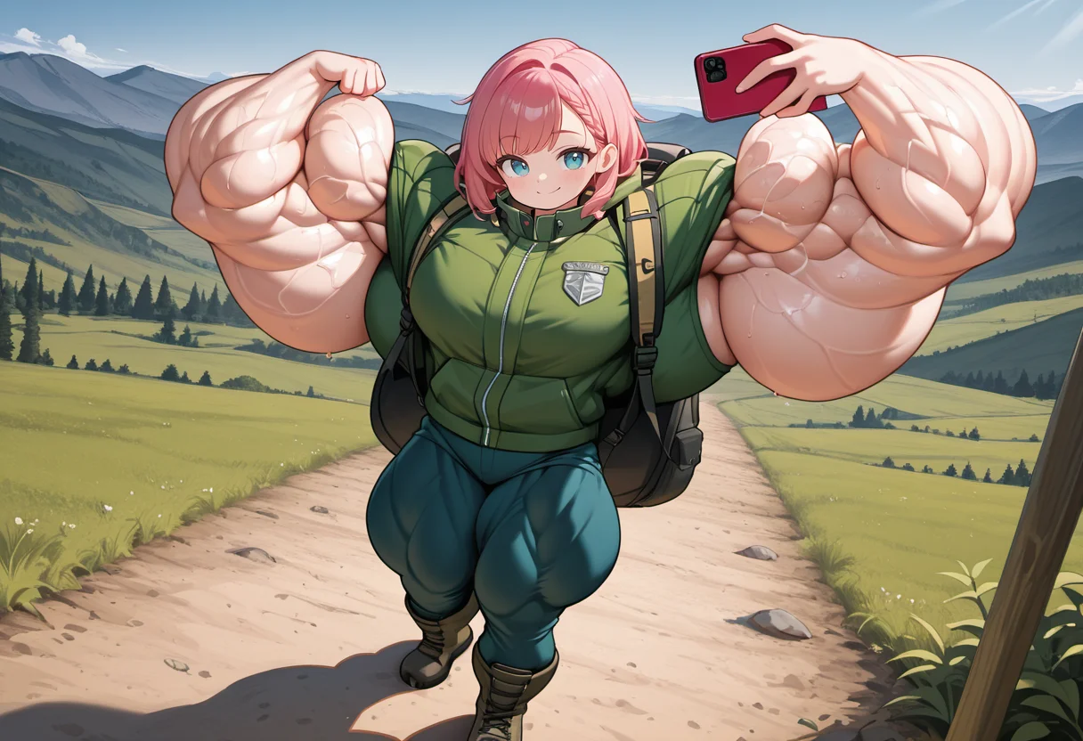 a girl walking in the mountains, she wears trek jacket, pants and hiking rucksack,  she smiles and and takes a selfie in front of the landscape, (fully clothed:1.5),
1girl, hiking clohes, hiking boots, hiking rucksack, pants, taking selfie, 
 <lora:Hyper_Muscles_2nd_IL:0.8> hyper-mscl, muscular female, hyper muscles,, Smooth Quality - Illustrious,