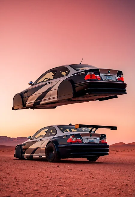 (low angle shot:1.4), an editorial photo of a black style bmw m3 gtr Hovering_Car parked outside an American diner on Mars, (scene set on the planet Mars:1.2), red sky, red sands of Mars, highly detailed, retro futurism, science fiction, clean lines, fine art photography, award winning photography, film grain,