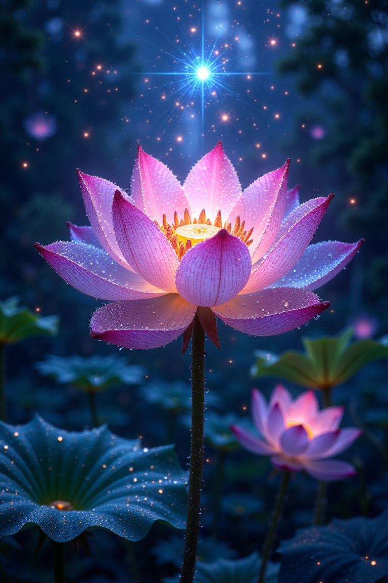 A vibrant illustration of a lotus flower, symbolizing purity, enlightenment, self-regeneration, and rebirth. The lotus is illuminated by shining starlight, with dew drops glistening on its petals. Set against an outdoor background with vibrant, natural colors. The scene is captured in extreme detail, UHD, 8K resolution, with natural lighting enhancing the fine art quality. The composition highlights the delicate beauty and spiritual significance of the lotus.
