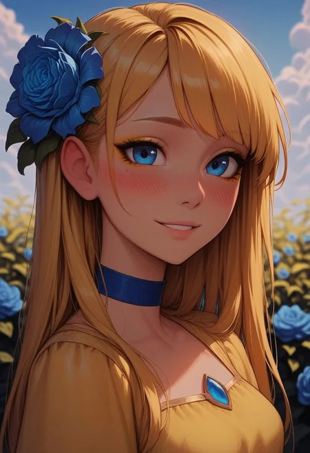 masterpiece, best quality, amazing quality, p0nyd1sney1ncasev1x0n2:1.5, 1girl, 25 years old, perfect face,
side view, detailed face, portrait, face focus, depth of field, looking at viewer, blush, shy smile, close up,
blue eyes, yellow eyeliner,
yellow hair, long hair, straight hair, blue flower, hair flower,
blue choker,
yellow dress, layered dress, skirt under dress,
garden, sky,