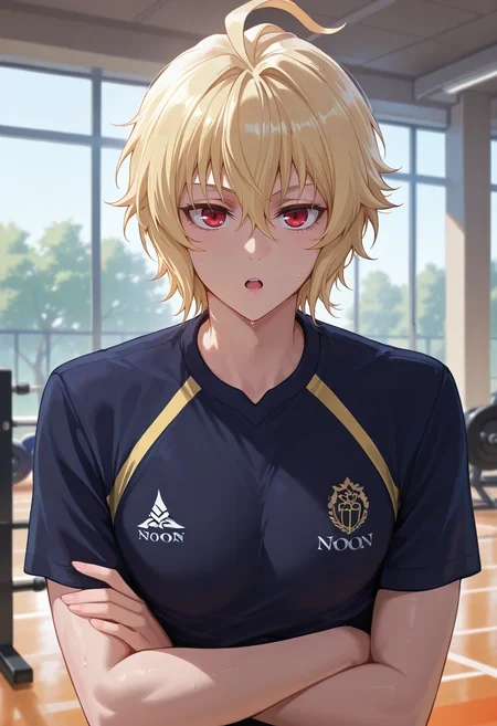 masterpiece, best quality, intricate details, (realistic:0.6), , 1boy, solo, male focus, <lora:mikaela_hyakuya_ilxl:0.92>, mikaela_hyakuya, blonde hair, red eyes, short hair, hair between eyes, bangs, ahoge, , focused, gym, noon, arms under breasts, :o,