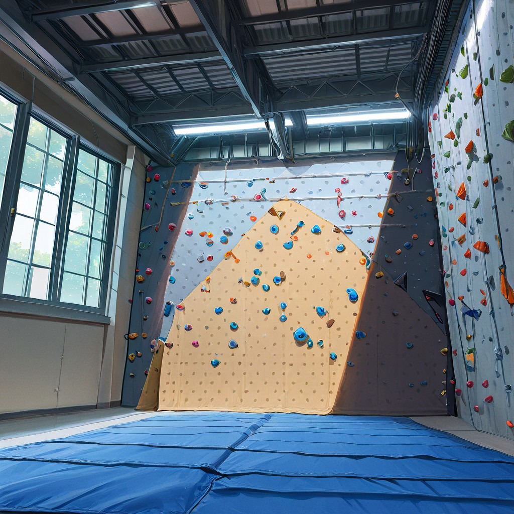 (masterpiece, newest, best quality, highly detailed, very awa, very aesthetic, ultra detailed, realistic),  hyperrealistic, (UHD quality details), climbing_wall,  no humans, crash mat, window, indoors, depth of field, 8k uhd, absurdres, volumetric lighting, tack sharp focus, beautiful composition, intricate detail, professional illustration