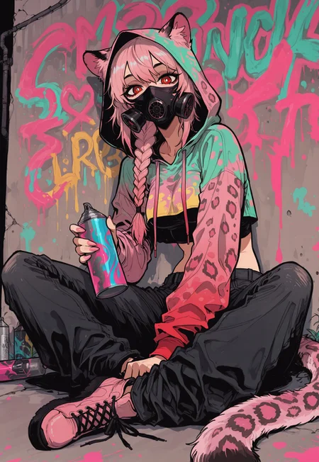 score_9, score_8_up, score_7_up, masterpiece, best quality, very aesthetic, 1woman, incoth, (incase:0.6), detailed face, (dynamic:1), girl, leopard girl, pink hair, pink leopard ears, pink leopard tail, spotted fur, red eyes, white pupils, crop top, long single braid, spray can, holding spray can, sitting on little wall, colorful graffiti, colorful hoodie, respirator mask, baggy jeans, hood up, looking at viewer, head tilted, facing viewer