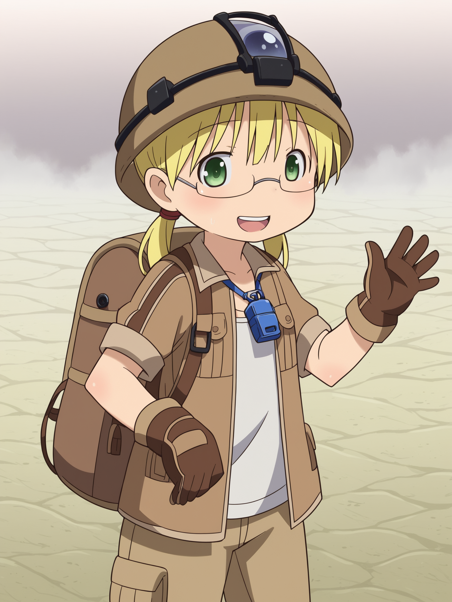 score_9, score_8_up, score_7_up, score_6_up, score_5_up, score_4_up, source_anime, <lora:Perfect Hands:1> Perfect Hands, <lora:PerfectEyesXL:1> perfecteyes, BREAK
1girl, solo, <lora:Made_in_Abyss:1> mabyss, scenery, thirdlayer, riko \(made in abyss\), blonde hair, green eyes, glasses, low twintails, gloves, jacket, short sleeves, :d, open clothes, teeth, pants, bag, open jacket, backpack, helmet, child, brown gloves, brown jacket, waving, female child, whistle, whistle around neck, looking at viewer, brown helmet,