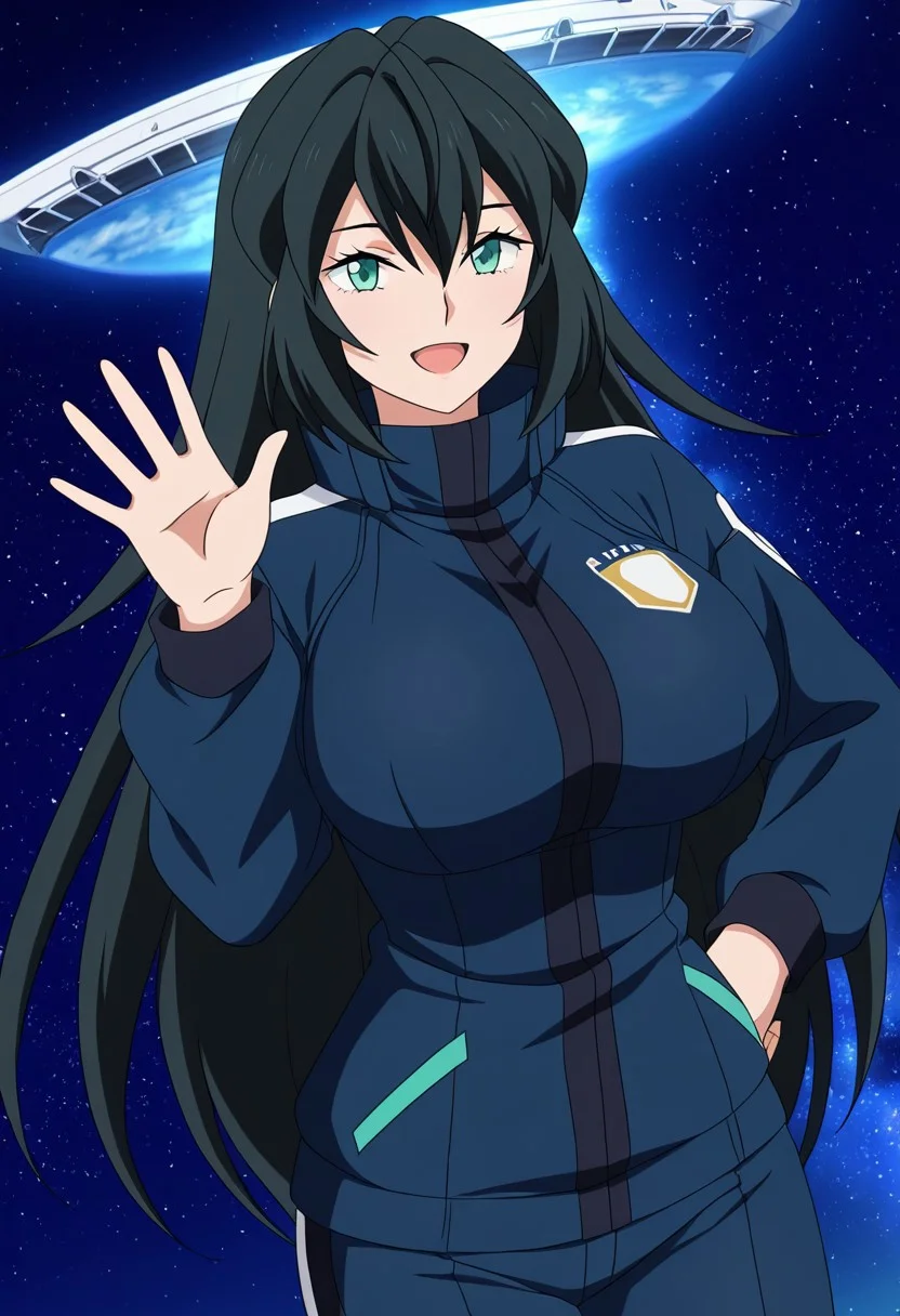 general,highres, ultra-detailed,very aesthetic,best quality ,best hands,best eyes,easynegative,
dynamic anglre, dutch angle, anime cloring,anime screencap,
1girl solo,looking at viewer,smile, open mouth, waving hand, hand on hip,space ship,
May,black_hair, long_hair, light green eyes, huge_breasts,pilotsuits,