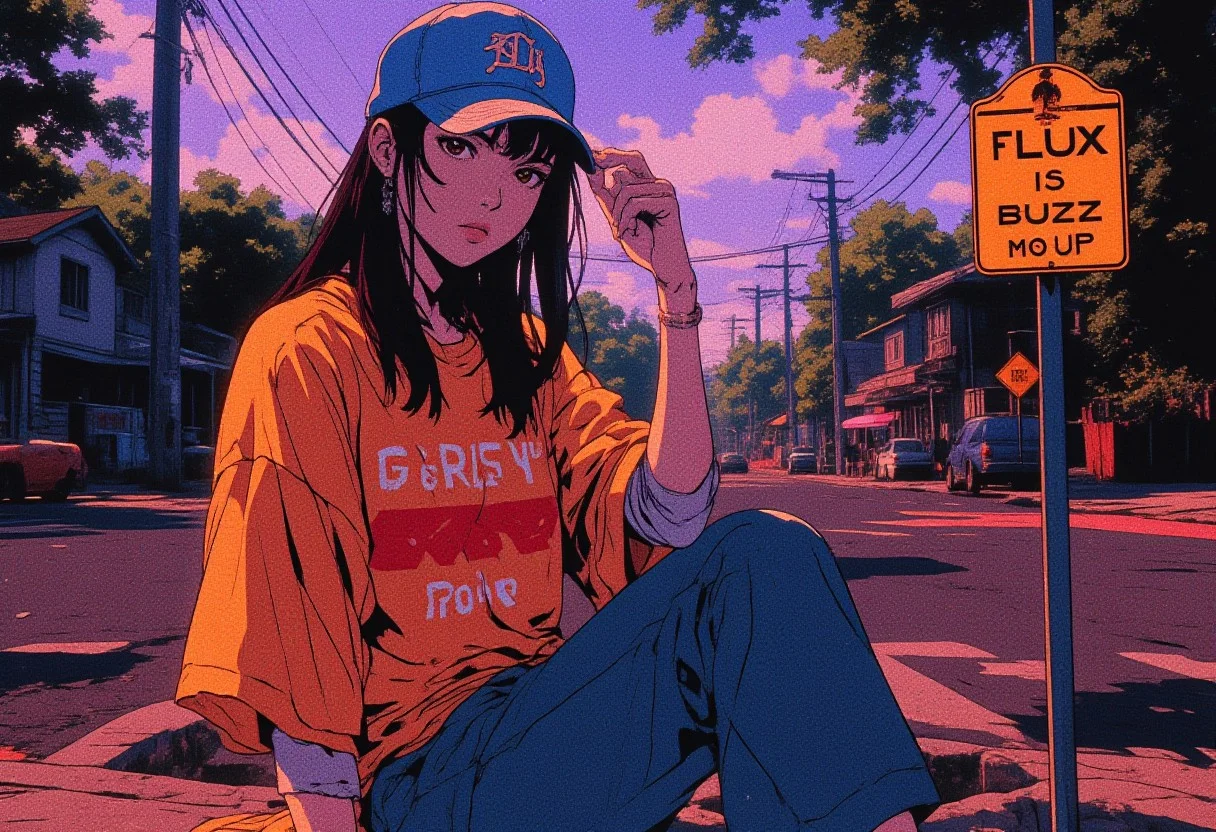 Japanese-Vietnamese Girl in oversized superbowl t-shirt, baseball cap and high sneakers. Looking at the viewer, partially parted lips, challenging pose, queen of the hill.
Dusk, long shadows, suburban american background in the '90.
A road sign on the street is clearly visible, readable as she show it to the viewer. The sign says (Flux is life buzz me up).
=============================
anime, cyberpunk, style of Edwin Austin Abbey, ne0nfant4sy, Anime style