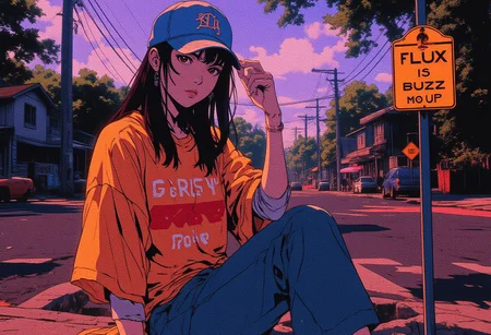 Japanese-Vietnamese Girl in oversized superbowl t-shirt, baseball cap and high sneakers. Looking at the viewer, partially parted lips, challenging pose, queen of the hill.
Dusk, long shadows, suburban american background in the '90.
A road sign on the street is clearly visible, readable as she show it to the viewer. The sign says (Flux is life buzz me up).
=============================
anime, cyberpunk, style of Edwin Austin Abbey, ne0nfant4sy, Anime style