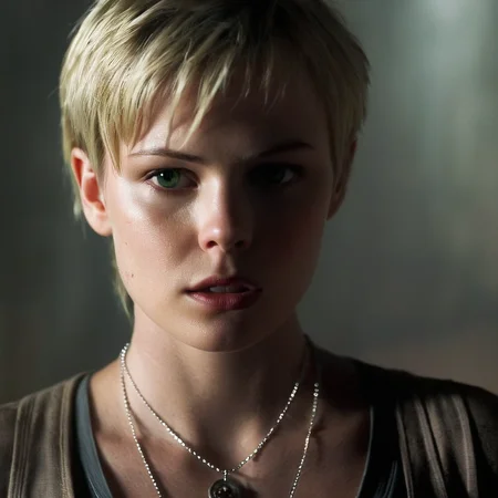 cinematic film still of <lora:perfection style:0.5> <lora:detailed:0.5> perfection detailed
<lora:Sairento Hiru style:1>
In the mysterious New England town of Silent Hill Protagonist a woman with a necklace on her neck in the dark,1girl,looking at viewer,short hair,blonde hair,1boy,jewelry,green eyes,upper body,solo focus,necklace,blurry,blood,depth of field,blurry background,blood on face,realistic,dirty , cinematic, supernatural, horror style, Sairento Hiru style, shallow depth of field, vignette, highly detailed, high budget, bokeh, cinemascope, moody, epic, gorgeous, film grain, grainy