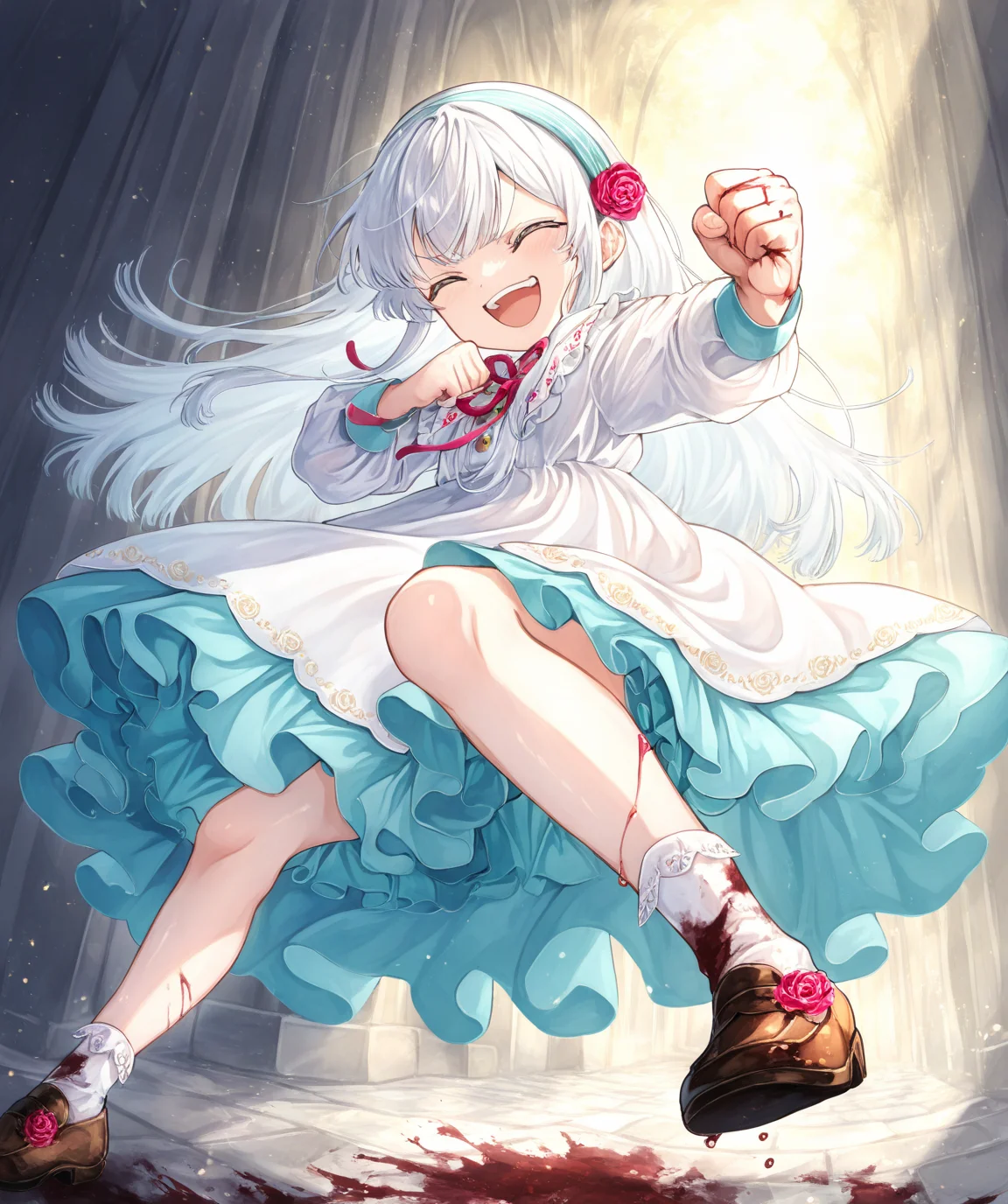 intricately detailed illustration, shiny skin, masterpiece, best quality, amazing quality, very aesthetic, newest, scenery, (volumetric lighting:1.1), full color, clear line, solo, <lora:nia_liston_v01:1>, nia_liston, long hair, white hair, bule eyes, white dress, blue underskirt, rose headband, white socks, shoes, laughing out loud, blood on fist, punch, POV, <lora:LECO_BadHands:1.2>, <lora:LECO_GoodHands:-1.2>, <lora:cfg_scale_boost:0.7>