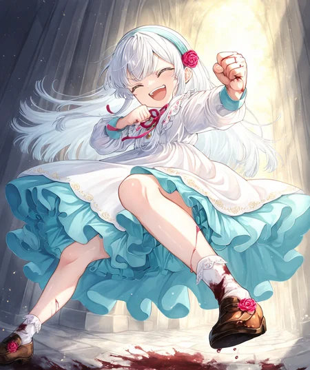 intricately detailed illustration, shiny skin, masterpiece, best quality, amazing quality, very aesthetic, newest, scenery, (volumetric lighting:1.1), full color, clear line, solo, <lora:nia_liston_v01:1>, nia_liston, long hair, white hair, bule eyes, white dress, blue underskirt, rose headband, white socks, shoes, laughing out loud, blood on fist, punch, POV, <lora:LECO_BadHands:1.2>, <lora:LECO_GoodHands:-1.2>, <lora:cfg_scale_boost:0.7>