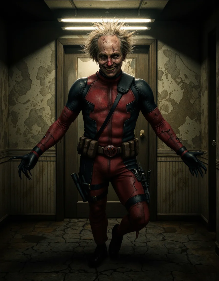 <lora:Oddart:0.6> oddart, A hauntingly surreal illustration of Deadpool, the merc with a mouth, depicted in a creepy and odd light, with his traditional red suit tattered and stained, revealing glimpses of his pale, scarred skin underneath. His face is a twisted mix of his usual smirk and a hint of madness, with dark circles under his eyes and a few days' worth of stubble. His hair is messy and unkempt, sticking out in every direction. He has a few bruises and cuts on his cheeks and forehead, adding to his overall unhinged appearance. The lighting is dim and ominous, with flickering fluorescent lights above casting an eerie glow, and long shadows stretching out across the dirty, rundown room he's standing in. The walls are covered in old, peeling wallpaper, and there's a sense of decay and neglect in the air. Deadpool is posed in a slightly hunched position, his weight shifted onto one leg, with his arms stretched out to the sides and his hands curled into claws. He's surrounded by a halo of subtle, unsettling glow, as if he's radiating an aura of chaos and unpredictability. The shot is a close-up, with a shallow depth of field that blurs the background and emphasizes Deadpool's manic expression. The overall mood is one of dark, offbeat humor, with a hint of psychological horror. The image features a gritty, hyper-detailed texture, with visible brushstrokes and a slightly grainy quality, adding to the sense of unease and discomfort. . 35mm photograph, film, bokeh, professional, 4k, highly detailed