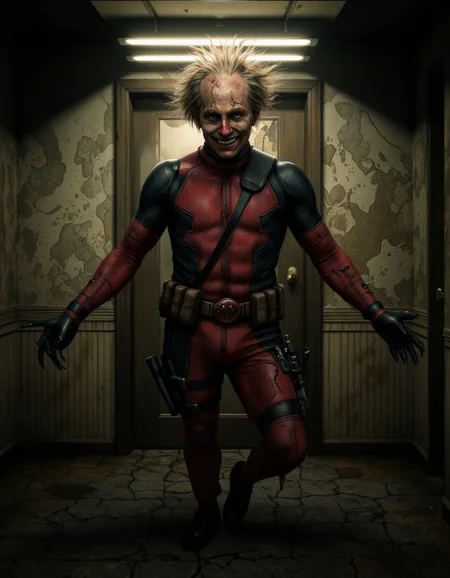 <lora:Oddart:0.6> oddart, A hauntingly surreal illustration of Deadpool, the merc with a mouth, depicted in a creepy and odd light, with his traditional red suit tattered and stained, revealing glimpses of his pale, scarred skin underneath. His face is a twisted mix of his usual smirk and a hint of madness, with dark circles under his eyes and a few days' worth of stubble. His hair is messy and unkempt, sticking out in every direction. He has a few bruises and cuts on his cheeks and forehead, adding to his overall unhinged appearance. The lighting is dim and ominous, with flickering fluorescent lights above casting an eerie glow, and long shadows stretching out across the dirty, rundown room he's standing in. The walls are covered in old, peeling wallpaper, and there's a sense of decay and neglect in the air. Deadpool is posed in a slightly hunched position, his weight shifted onto one leg, with his arms stretched out to the sides and his hands curled into claws. He's surrounded by a halo of subtle, unsettling glow, as if he's radiating an aura of chaos and unpredictability. The shot is a close-up, with a shallow depth of field that blurs the background and emphasizes Deadpool's manic expression. The overall mood is one of dark, offbeat humor, with a hint of psychological horror. The image features a gritty, hyper-detailed texture, with visible brushstrokes and a slightly grainy quality, adding to the sense of unease and discomfort. . 35mm photograph, film, bokeh, professional, 4k, highly detailed