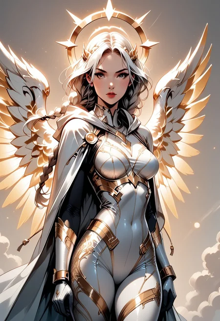 score_9, score_8_up, score_7_up, (Western Comics), a full body image of a sexy mechangel girl, caucasian, seductive, (glowing wings), solo, glowing armor, glowing halo, glowing mechanical 4 wings (hyperdetailed:1.15), detailed, light passing through hair, (ultra detailed, high quality texture), (sharp), (artistic image), 32K, 4K, ULTRA HD, small waist, large breasts, tight white bodysuit with, crop: -5, (3/4 portrait), wide view, ((her whole head and hair is visible)), zoomed out, wings completely visible, (from thighs and up), wings folded along her body, cowboy shot, angelify, (monochrome background), (nothing in background), plain background, long hair Twin Braids, Hooded cloak