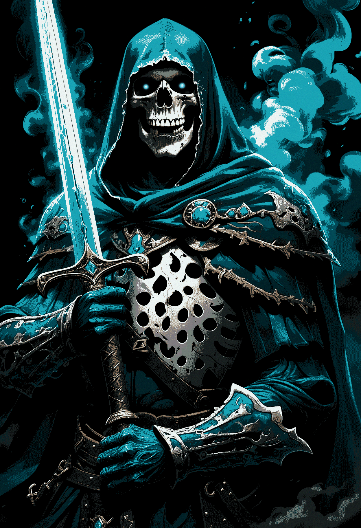 skeletton knight, skull head, blue turquoise eyes, shiny eyes, dark background, from side, coming cloud of smoke, dark smoke, walking, open mouth, dark armor, blood stains, painting, side view, holding one sword, black hood, shout, roar, cape,