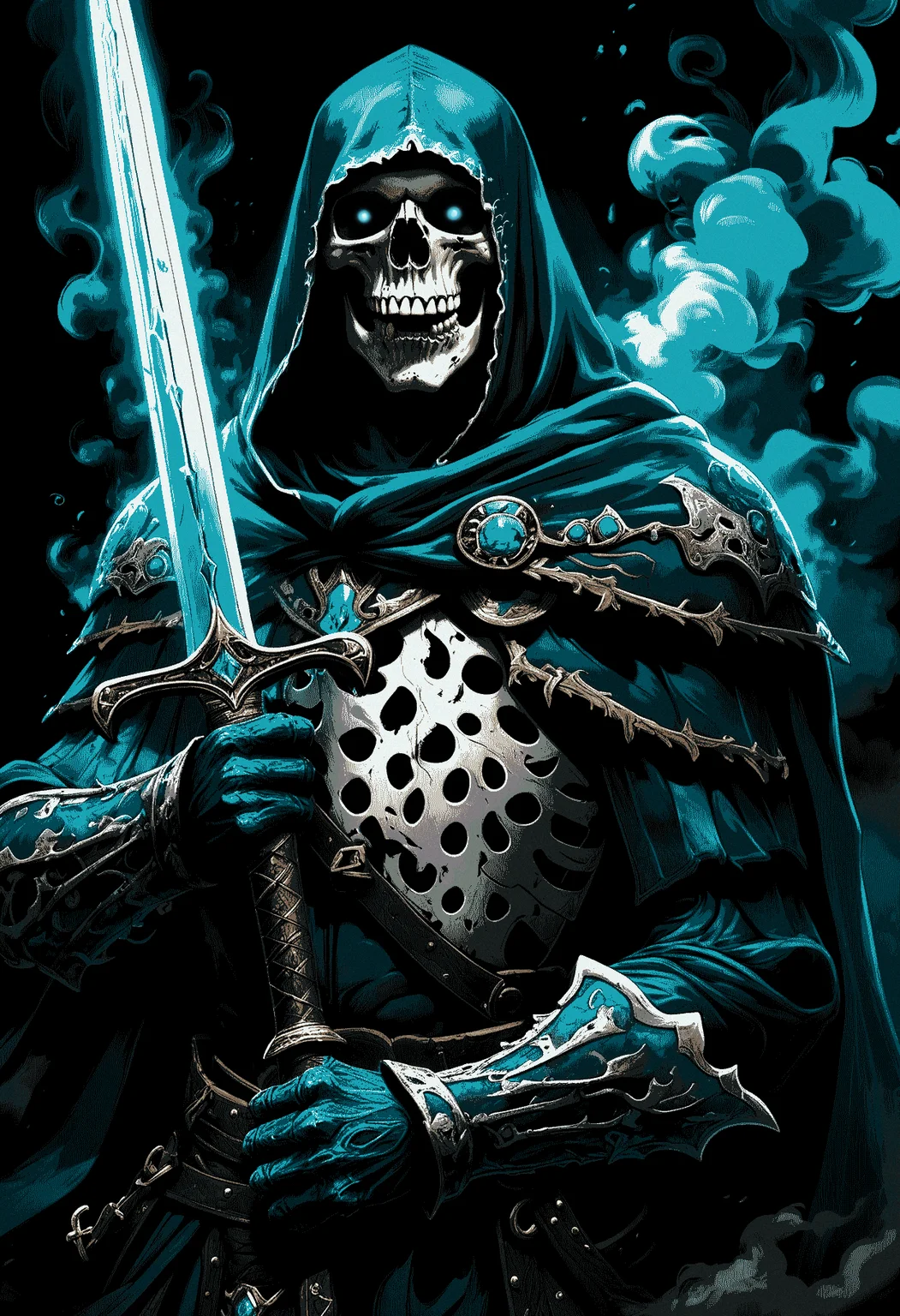 skeletton knight, skull head, blue turquoise eyes, shiny eyes, dark background, from side, coming cloud of smoke, dark smoke, walking, open mouth, dark armor, blood stains, painting, side view, holding one sword, black hood, shout, roar, cape,