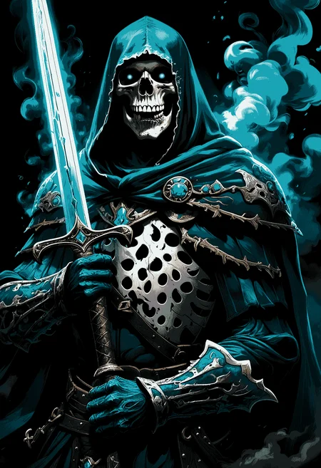 skeletton knight, skull head, blue turquoise eyes, shiny eyes, dark background, from side, coming cloud of smoke, dark smoke, walking, open mouth, dark armor, blood stains, painting, side view, holding one sword, black hood, shout, roar, cape,