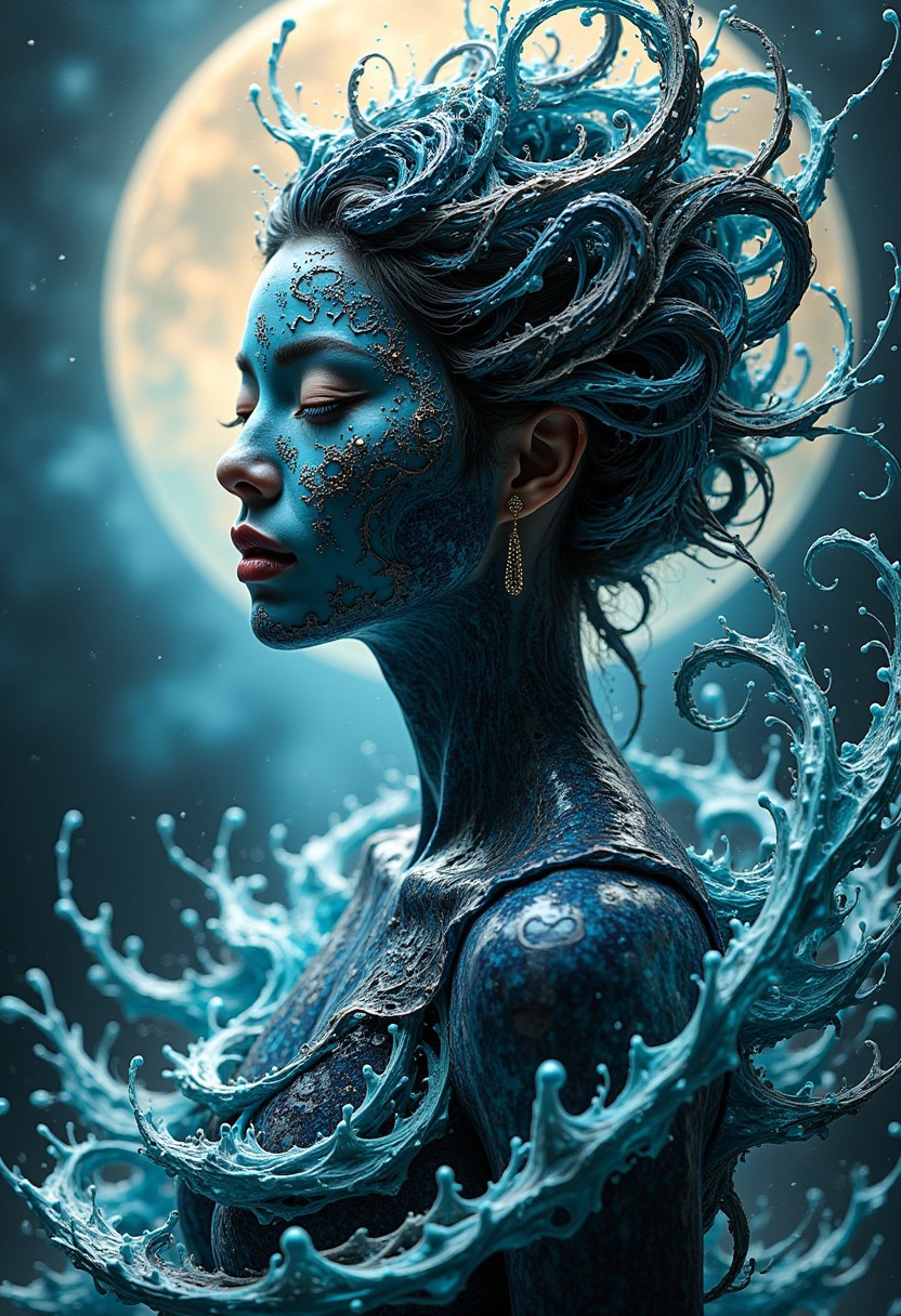 masterpiece, stunning oriental water spirit woman, made of ripples of water, abstract, fractal art.  highest definition, HD32K, wallpaper, hyperdetailed, concept art