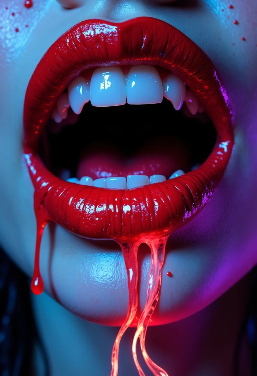 A stunningly close-up image of blood-red lips, with sharp, ivory-white fangs just barely visible. The lips are coated in a glossy sheen that reflects flashes of neon green and electric blue as if they are dripping with liquid fire. Tiny rivulets of glowing, purple-tinted blood trickle from the corners of the mouth, forming intricate, swirling patterns as they fall. The skin around the lips is a flawless, icy pale, but glowing with hints of fluorescent blue veins. Behind the lips, there’s a hint of an eerie, multicolored aurora-like light, creating a contrast between the glowing, radiant colors and the dark, dangerous sensuality of the fangs.