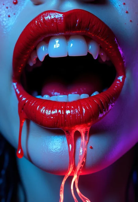 A stunningly close-up image of blood-red lips, with sharp, ivory-white fangs just barely visible. The lips are coated in a glossy sheen that reflects flashes of neon green and electric blue as if they are dripping with liquid fire. Tiny rivulets of glowing, purple-tinted blood trickle from the corners of the mouth, forming intricate, swirling patterns as they fall. The skin around the lips is a flawless, icy pale, but glowing with hints of fluorescent blue veins. Behind the lips, there’s a hint of an eerie, multicolored aurora-like light, creating a contrast between the glowing, radiant colors and the dark, dangerous sensuality of the fangs.