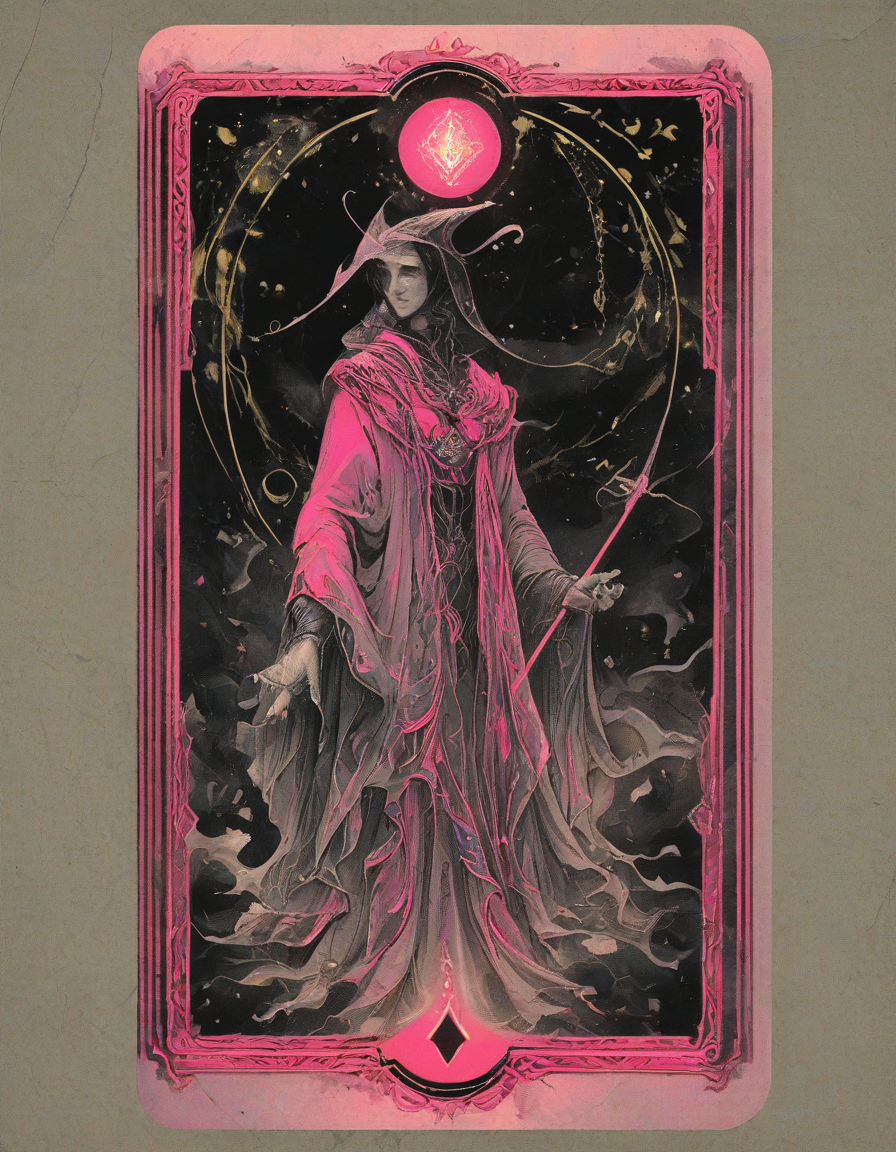 <lora:artfullyTAROT1LINE_SDXL_V1:1>,the front of an old card,tarot,tarot card,the magician,((1 line 1 color)),calligraphy,minimal,geometric,(2 colors total),lime,pink,black)) background,marker,((fine liner),masterpiece)),detailed,intricate,best quality,absurd resolution,tl4,sharp crisp ines,masterwork by artisan calligrapher,lines flow from one aspect to another,neon pink,nen liume,obsidian,ivory,vantablack,(((1 line ))) illustration,masterpiece,absurd resolution, vibrant colorstory, high contrast, holographic