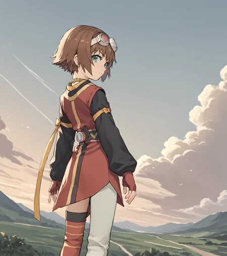 score_9, score_8_up, score_7_up, score_6_up, score_5_up, score_4_up, BREAK source_anime,
1girl, solo, <lora:RitaMordio:0.9>, Rita Mordio, green eyes, brown hair, short hair, flat chest, goggles on head, choker, red dress, black sleeves, fingerless gloves, single leg pantyhose, asymmetric legwear, boots,
looking at viewer, , from behind,, cowboy shot ,
<lora:mo_(kireinamo):1>,,
outdoors, sky, clouds,