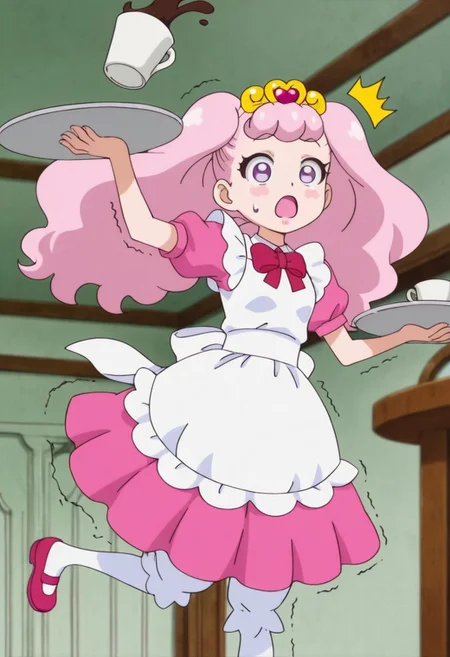 anime screencap, solo,1girl,pafu, apron, looking at cup, dress, maid, small breasts ,open mouth, mansion, holding tray, coffee cup falling, trembling tray, table, trembling hand, spilling coffee, shocked, ^^^, :o, distressed, falling down, clumsy,
high definition,amazing quality,best quality,very aesthetic,masterpiece,absurdres,