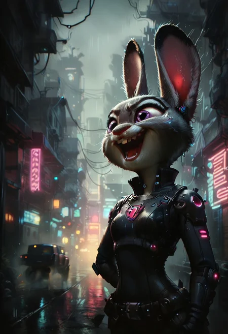 score_9, score_8_up, score_7_up, score_6_up, side view, solo, (judyhopps, judy hopps,), gray fur, interesting angle, thin waist, well-lit, black shirt, covered small breasts, black hood cloak, mad-neon-noir, cyberpunk, C7b3rp0nkStyle, edgAdepta, in a city in a back alley, power armor, (Masterpiece:1.3) (best quality:1.2) (high quality:1.1), detailed background, (evil laugh, manic, laughing, angry, screaming, teeth together), (gatling gun, holding ranged weapon, explosions at the front of the gatling gun,), (at night, rainy, foggy, fire in background, smoke in air,)